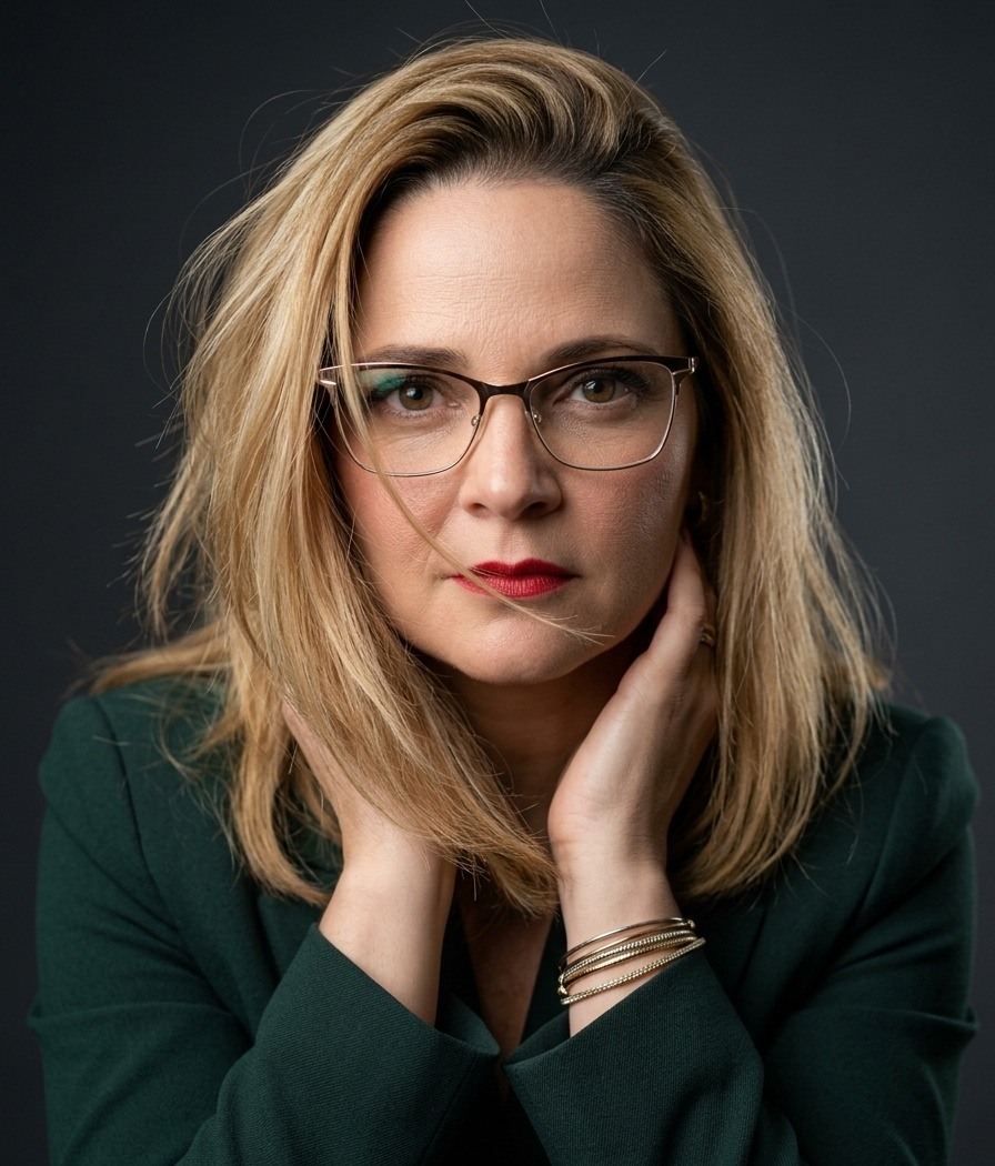 Mara Rúbia Dutra em retrato de estúdio, vestindo blazer verde-escuro.